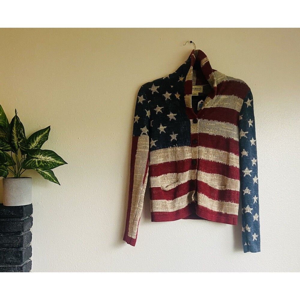 Ralph Lauren American Flag Cardigan Shawl Collar Knit Sweater Womens Cotton M